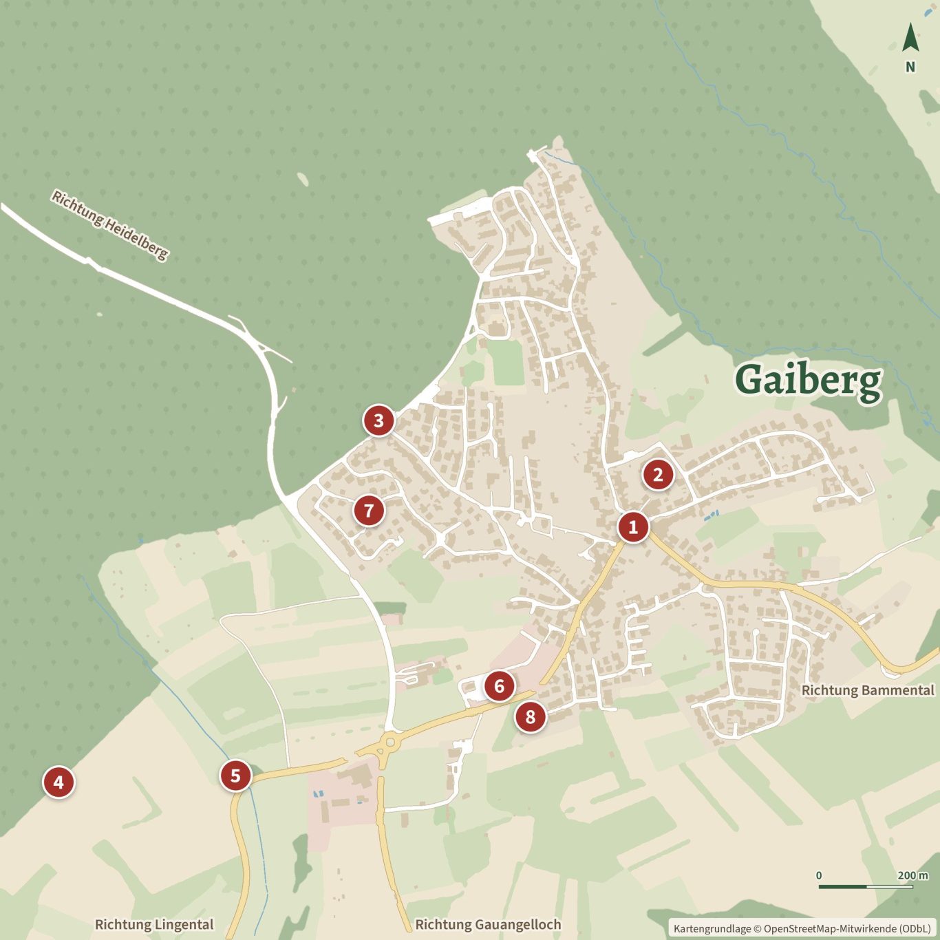 Karte: Wo die Aktiven Gaiberger angepackt haben – 8 Orte in Gaiberg, von der Ortsmitte bis zum Kraichgaublick
